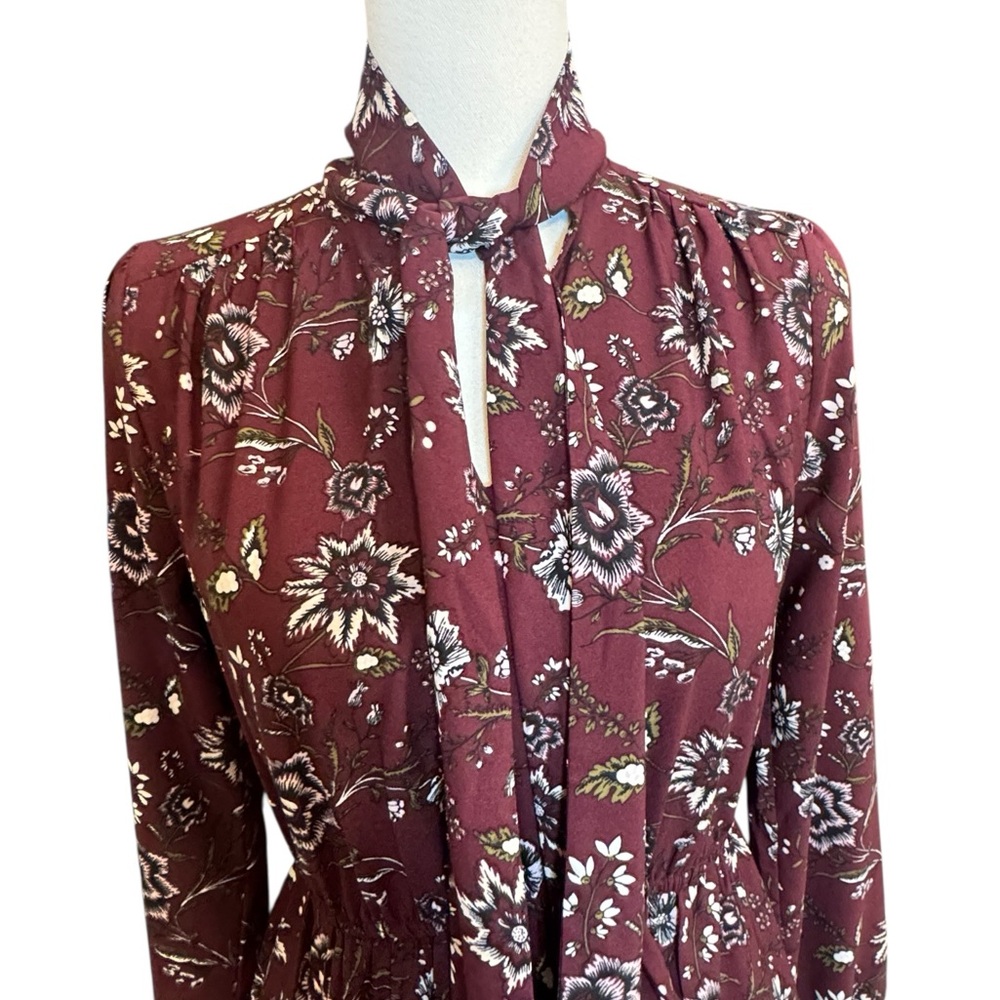 LOFT Floral Tie Neck Mini Dress XS Burgundy Long Sleeve - Picture 3 of 7